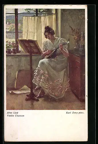 Künstler-AK Carl Zewy: Junge Dame spielt Altes Lied auf der Mandoline