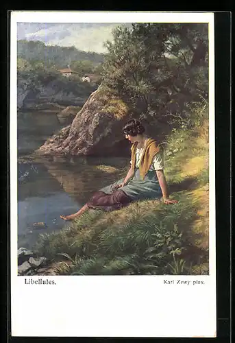 Künstler-AK Carl Zewy: Mädchen und Libellen am See