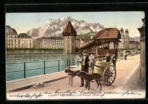 AK Luzern, Mann mit Hundegespann auf der Kapellbrücke