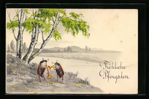 AK Maikäfer spielen Trompete, Pfingstgruss