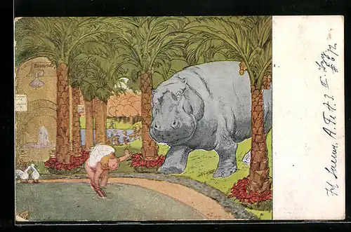 AK Nilpferd geht auf Kind im Wasserbassin zu