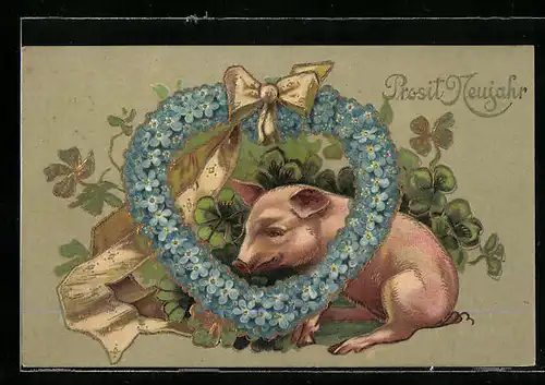 Präge-AK Schwein mit Glücksklee hinter Blumenherz, Neujahrsgruss