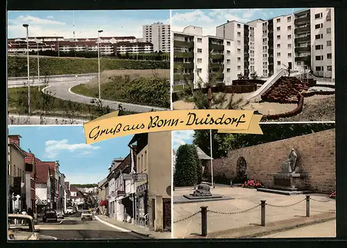 AK Bonn-Duisdorf, Strassenpartie mit Geschäften, Denkmal, Spielplatz