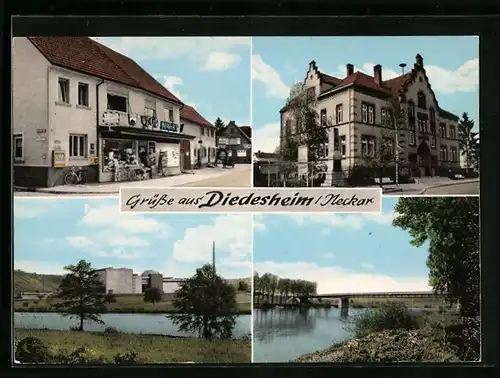 AK Diedesheim /Neckar, Ortspartie mit Fluss, Bäckerei Lebensmittel Diedesheim