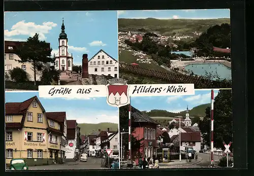 AK Hilders /Rhön, Freibad, Kirche, Deutsches Haus