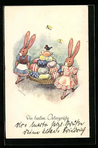 AK Osterhasen mit Korb voller Ostereiern
