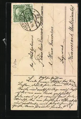 AK Osterküken mit Kleeblättern