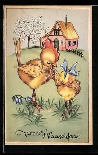 AK Osterküken-Mutter mit Kind im Dorf