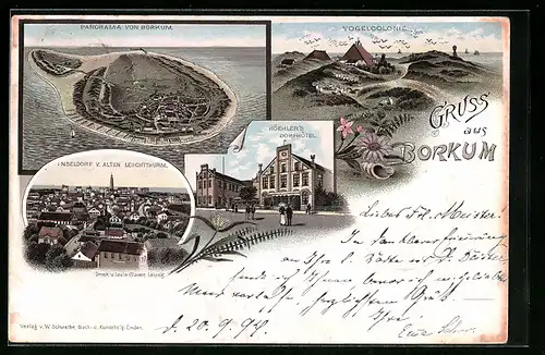 Vorläufer-Lithographie Borkum, 1894, Panorama, Vogelcolonie, Inseldorf v. Alten Leuchtturm, Köehlers Dorfhotel