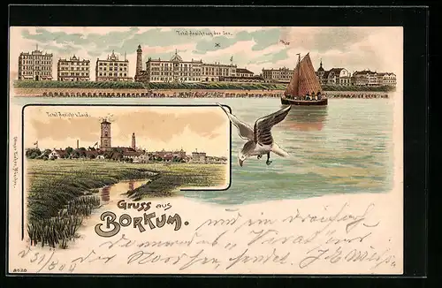 Lithographie Borkum, Totalansicht von der See, Totalansicht v. Land