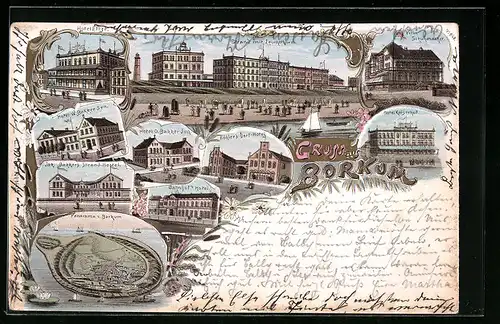 Lithographie Borkum, Strand mit Leuchtturm, Hotels Eltze, Bakker, Kaiserhof