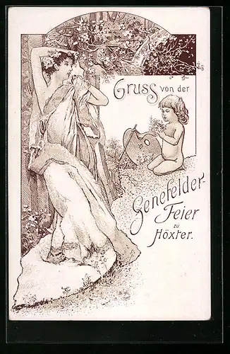 Lithographie Höxter, Senefelder Feier, Dame im Kleid, Junge mit Staffelei