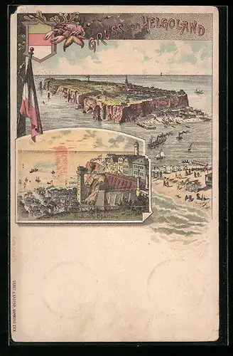 Lithographie Helgoland, Gesamtansicht und Blick v. Oberland