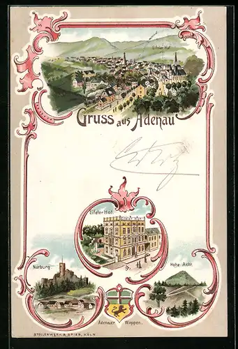 Lithographie Adenau, Ortsansicht, Eifeler Hof, Nürburg, Hohe Acht