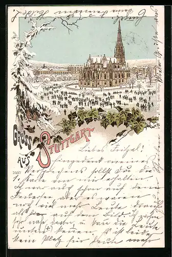 Winter-Lithographie Stuttgart, Ortsansicht mit Eisläufern
