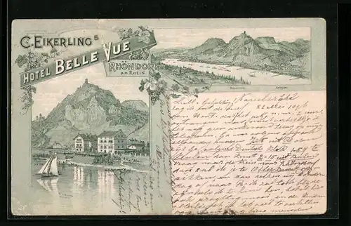 Lithographie Rhöndorf am Rhein, Ortsansicht und Hotel Belle Vue