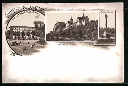 Lithographie Goseck, Zum Bergschlösschen, Schloss, Kriegerdenkmal