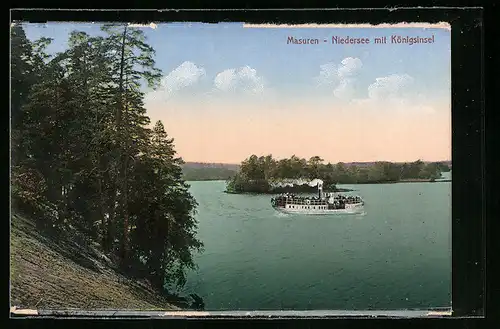 AK Niedersee /Masuren, See mit Königsinsel, Dampfer
