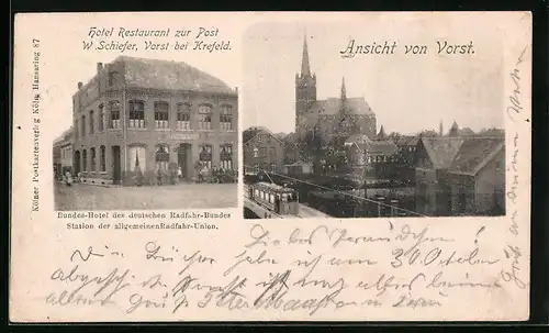 AK Vorst, Hotel Restaurant zur Post, Kirche mit Strassenbahn