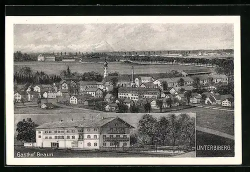 AK Unterbiberg, Gasthof Braun, Teilansicht mit Kirche