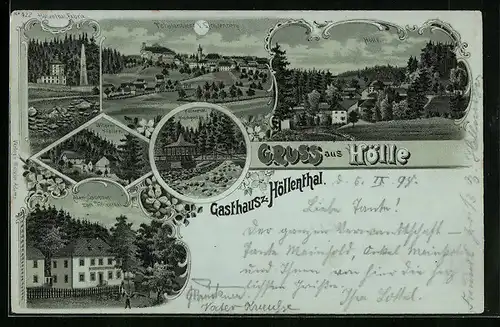 Mondschein-Lithographie Hölle, Adam`s Gasthaus Gasthaus zum Höllenthal, Fabrik, Hirschgrund