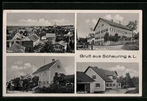 AK Scheuring a. L., Gastwirtschaft J. Wolmuth, Gemischtwaren-Handlung v. M. Reiser, Molkerei