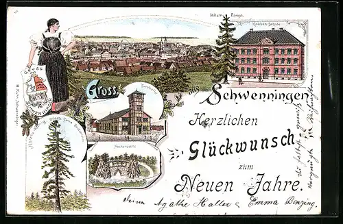 Lithographie Schwenningen, Knaben-Schule, Turnhalle, Hölzle-Königin