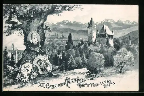 Künstler-AK Kempten, XII. Bayerisches Turnfest 1905, Portrait von Turnvater Jahn am Baum, Schloss, Ortspartie