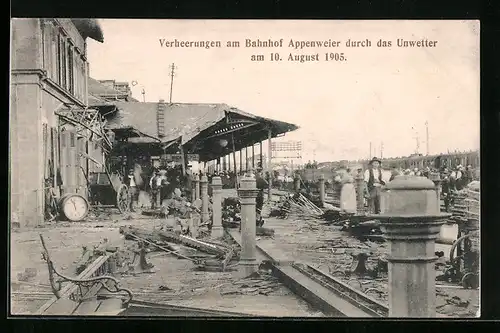 AK Appenweier, Verheerungen am Bahnhof durch das Unwetter 1905