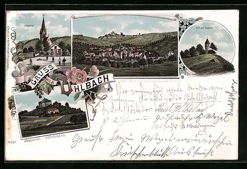 Lithographie Uhlbach, Rothenberg, Mélag-Turm, Kirche