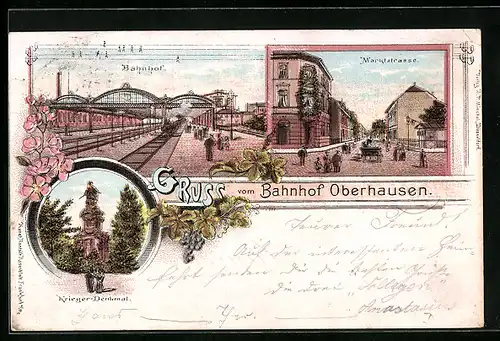 Lithographie Oberhausen, Bahnhof, Marktstrasse, Krieger-Denkmal