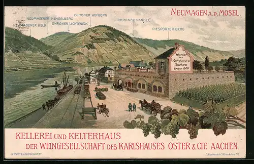 Künstler-AK Neumagen a. d. Mosel, Kellerei und Kelterhaus der Weingesellschaft des Karlshauses Oster & Cie