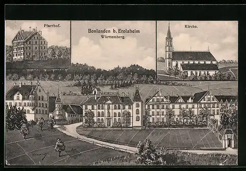 Künstler-AK Bonlanden b. Erolzheim, Pfarrhof, Kirche und Ortsansicht