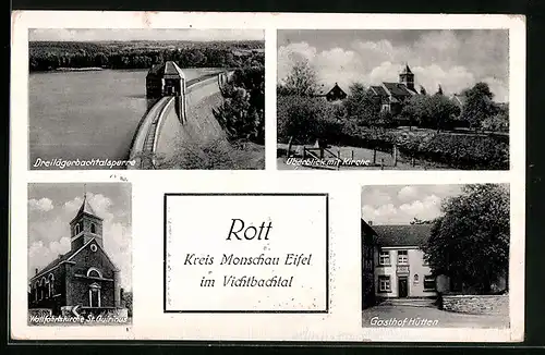 AK Rott b. Monschau, Gasthof Hütten, Überblick mit Kirche, Dreilägerbachtalsperre