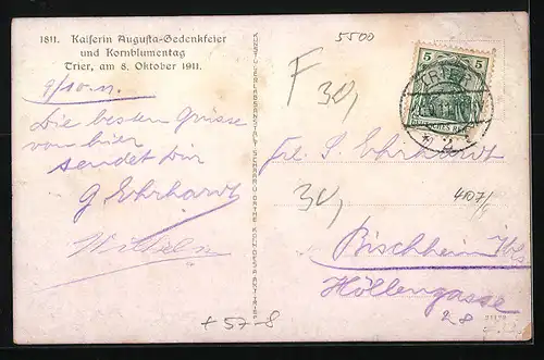 Künstler-AK Trier, Kaiserin Augusta-Gedenkfeier und Kornblumentag 1911