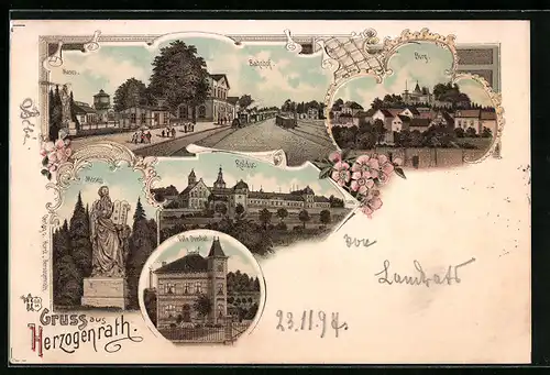 Lithographie Herzogenrath, Bahnhof, Burg, Villa Dunkel