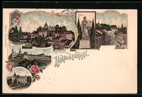 Lithographie Herzogenrath, Strassenpartie, Burg, Rolduc