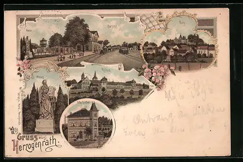 Lithographie Herzogenrath, Bahnhof, Burg und Villa Dunkel