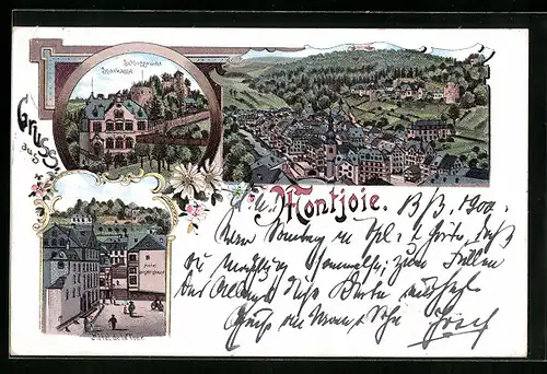 Lithographie Montjoie, Schlossruine, Sparkasse, Hotel de la Tour