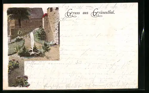Künstler-AK Grünenthal, Ortsansicht mit Springbrunnen