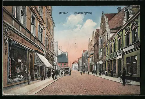 AK Bottrop, Essenerstrasse mit Buchbinderei und Cafe Siebeck, Fahrradfahrer