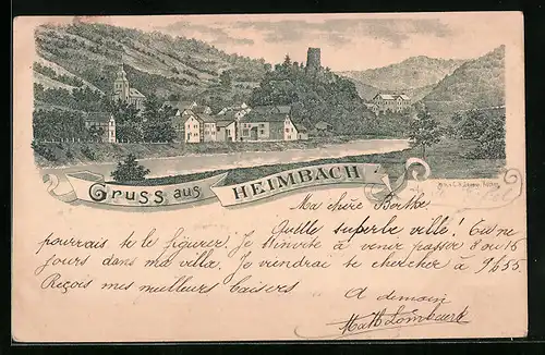 Lithographie Heimbach, Uferpartie mit Kirche