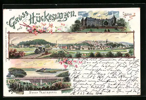 Lithographie Hückeswagen, Schloss, Bever Thalsperre