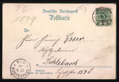 Lithographie Ohligs, Restaurant von August Eickhorn, Rathhaus mit Denkmal