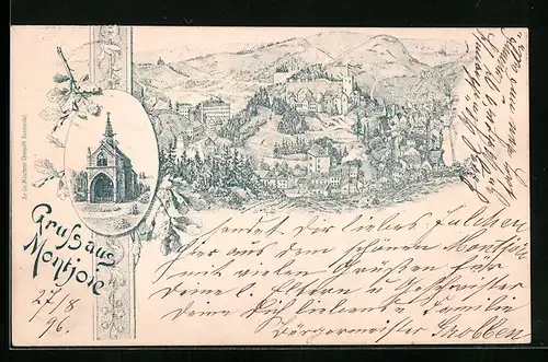 Lithographie Montjoie, Ortsansicht mit Bergen