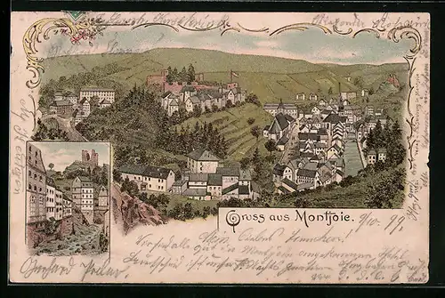 Lithographie Montjoie, Ortsansicht aus der Vogelschau