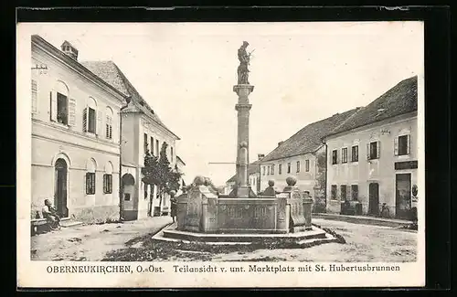 AK Oberneukirchen, Teilansicht v. unt. Marktplatz mit St. Hubertusbrunnen