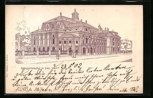 Künstler-AK Linz, Ansicht vom Volksgartensalon