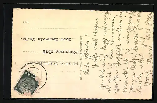 AK Aigen, Strassenpartie mit Kirche, Gemeinde-Bank