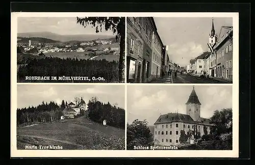 AK Rohrbach im Mühlviertel, Schloss Sprinzenstein, Maria Trostkirche, Strassenpartie